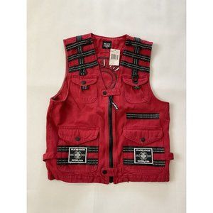 Guess men’s denim red vest multi pockets / patched with reflectve trim size S
